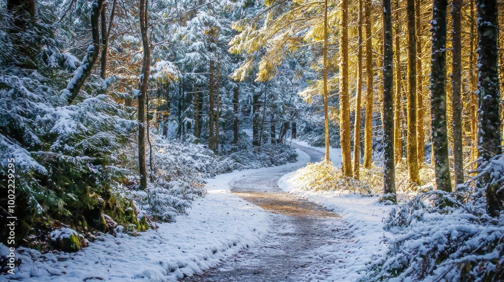 A forest trail in winter, with snow-dusted trees and a fresh layer of snow on the ground.