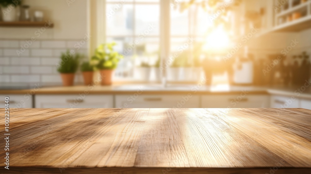 Empty wooden table in a bright white kitchen, blurred golden sunlight in the background. Empty wooden table in a bright white kitchen, blurred golden sunlight in the background.