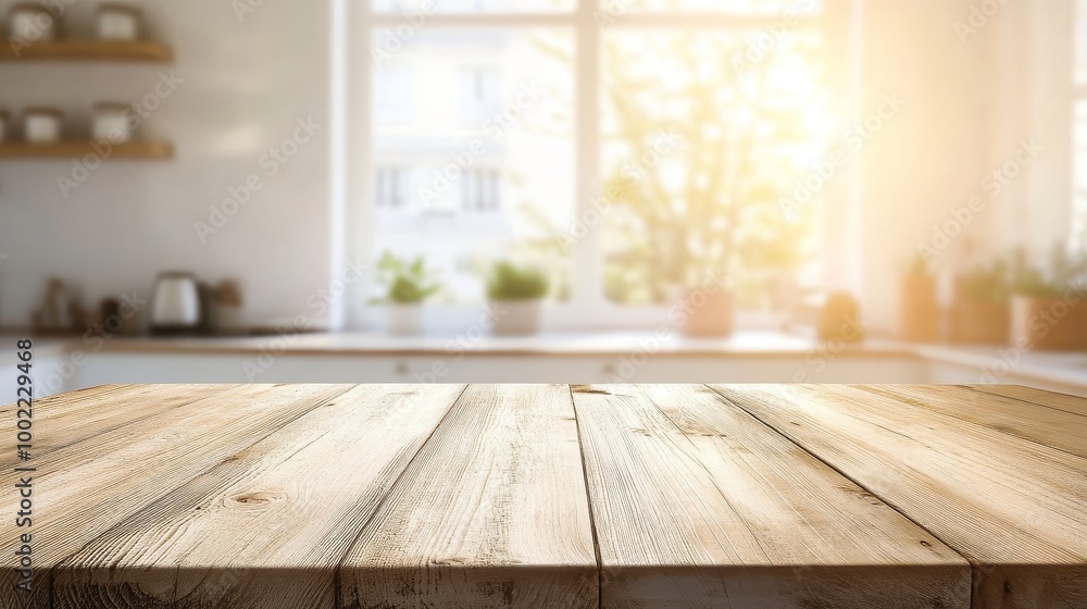 Empty wooden table in a bright white kitchen, blurred golden sunlight in the background. Empty wooden table in a bright white kitchen, blurred golden sunlight in the background.