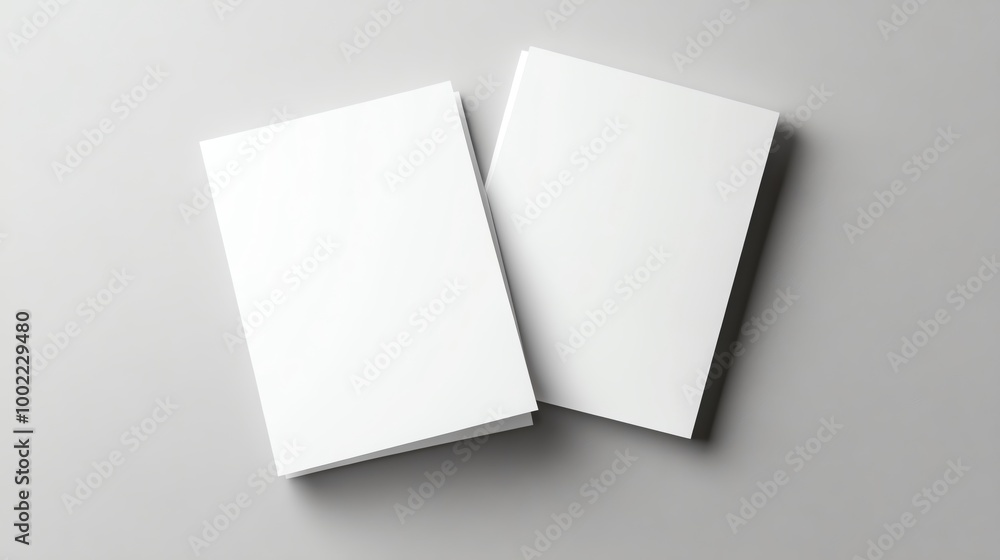 Two blank white notebooks on a gray background, minimalistic design. Two blank white notebooks on a gray background, minimalistic design.