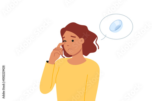 Woman uses contact lenses and feels discomfort due to dry eyes or allergy to ophthalmic fluid. Girl with contact lenses suffers and needs consult doctor to switch glasses for myopia
