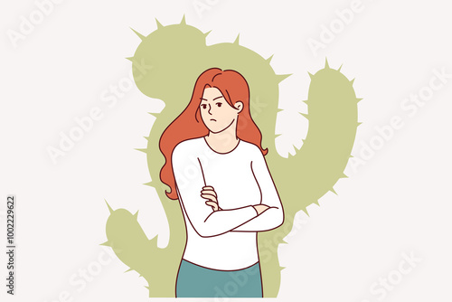 Aggressive woman with cactus silhouette suffers from lack of friends who are unwilling to tolerate toxic behavior. Aggressive lady makes dissatisfied grimace after hearing unwanted opinion