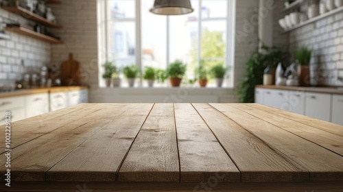 Empty wooden table in a clean, bright kitchen setting, perfect for displaying products or creating montages.