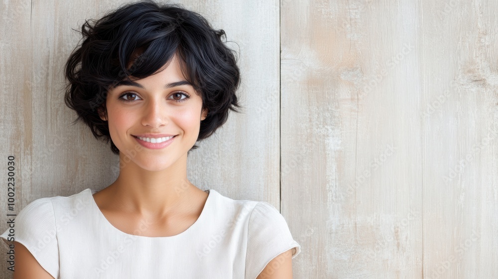 Smiling young woman with short curly hair leaning against a light wooden wall, wearing a casual cream-colored top. Positive and approachable personality concept. Smiling young woman with short curly hair leaning against a light wooden wall, wearing a casual cream-colored top. Positive and approachable personality concept.
