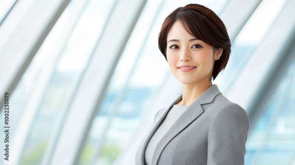 Confident Asian businesswoman in a gray suit standing by a bright window, smiling slightly with a focused expression. Leadership and professionalism concept.