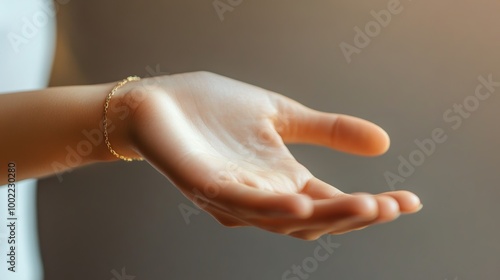 Female hand with open palm gesturing to take or give something. Close-up view showcasing a young woman's arm and wrist with a clear background for easy editing.