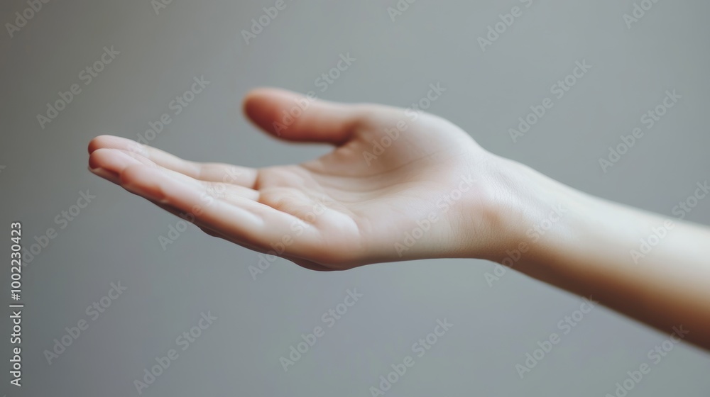 Female hand with open palm gesturing to take or give something. Close-up view showcasing a young woman's arm and wrist with a clear background for easy editing. Female hand with open palm gesturing to take or give something. Close-up view showcasing a young woman's arm and wrist with a clear background for easy editing.