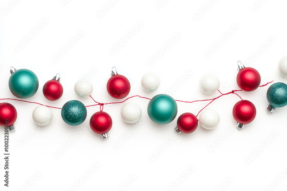 Obraz premium Christmas ornaments in red, teal, and white on a string over a white background. Festive decoration concept