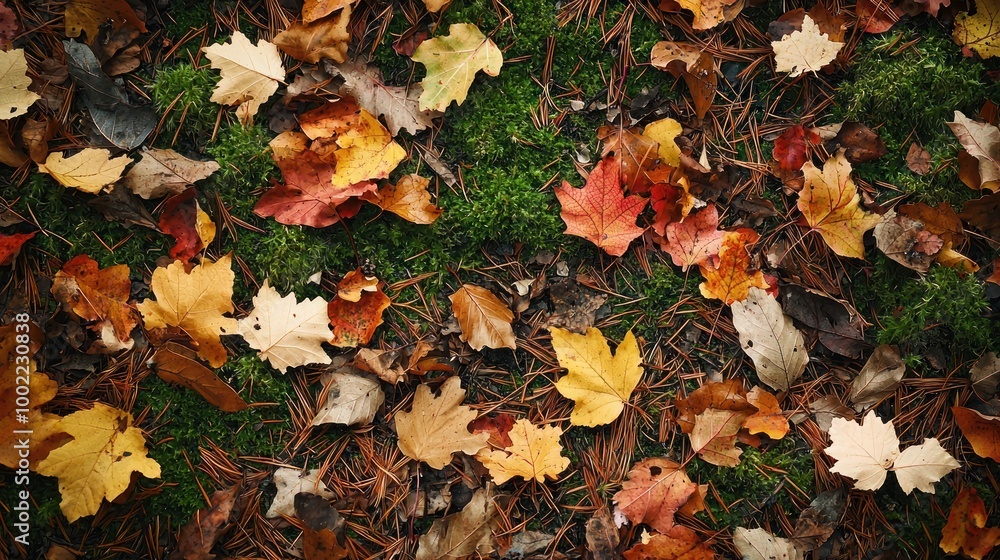A woodland forest floor background, covered with fallen leaves, pine needles, and moss. A woodland forest floor background, covered with fallen leaves, pine needles, and moss.