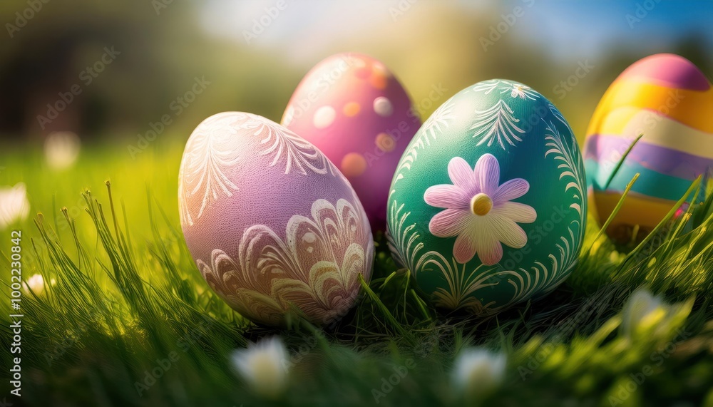 Decorated Easter eggs in grass background. Decorated Easter eggs in grass background.