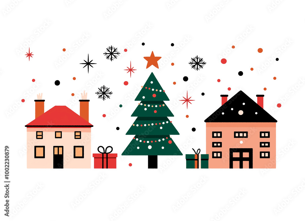 A Christmas scene with a tree and houses. The houses are decorated with lights and the tree is adorned with ornaments. Scene is festive and joyful A Christmas scene with a tree and houses. The houses are decorated with lights and the tree is adorned with ornaments. Scene is festive and joyful