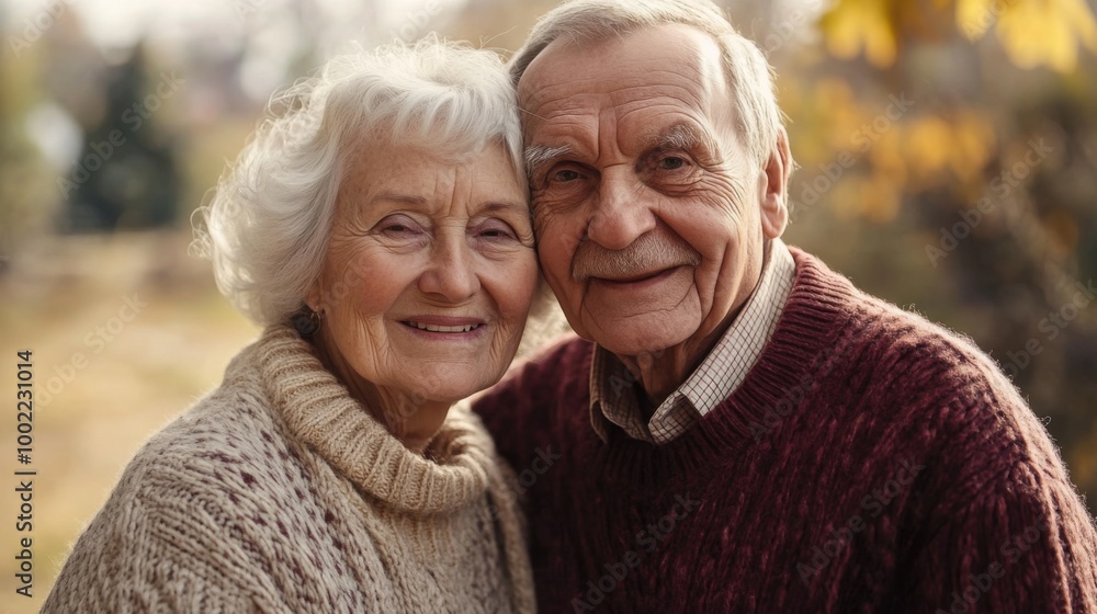 Portrait of a Happy Elderly Couple in Love, Embracing in an Autumnal Setting Portrait of a Happy Elderly Couple in Love, Embracing in an Autumnal Setting