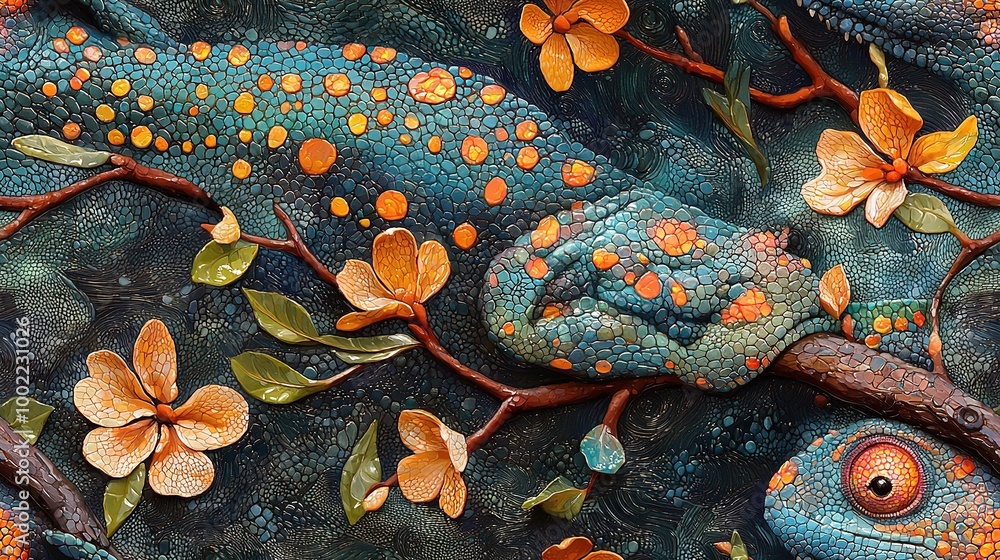 Φωτογραφία A chameleon painting on a branch with orange and green flowers on its head