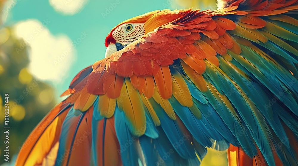 Obraz premium A close-up of a vibrant bird spreading its wings, showcasing blue and yellow feathers