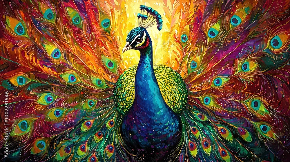 Fototapeta premium Painting depicts a peacock perched against an orange-yellow backdrop, adorned with multiple feathers