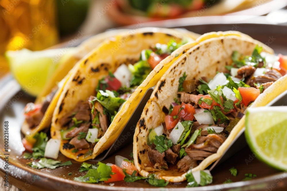 A plate of gourmet tacos with grilled meat, fresh salsa, and lime wedges A plate of gourmet tacos with grilled meat, fresh salsa, and lime wedges