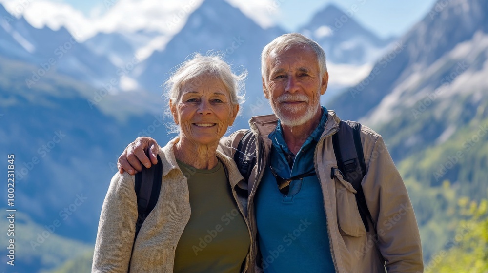 Smiling Senior Couple Standing in Front of Mountain Landscape Smiling Senior Couple Standing in Front of Mountain Landscape