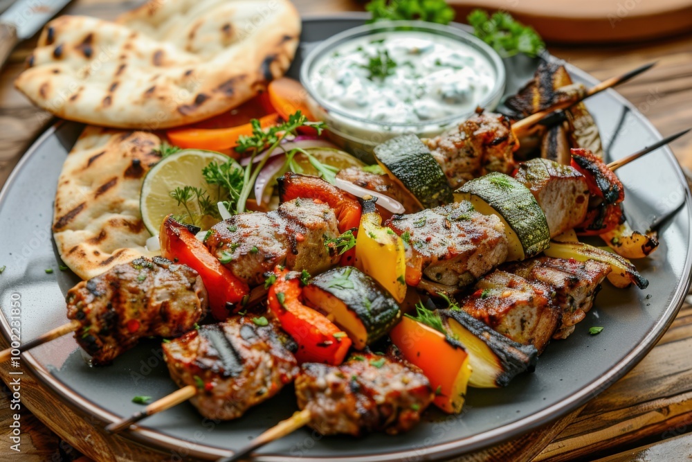 A plate of Greek souvlaki skewers with grilled vegetables, served with a side of tzatziki sauce and pita bread. Copy space A plate of Greek souvlaki skewers with grilled vegetables, served with a side of tzatziki sauce and pita bread. Copy space