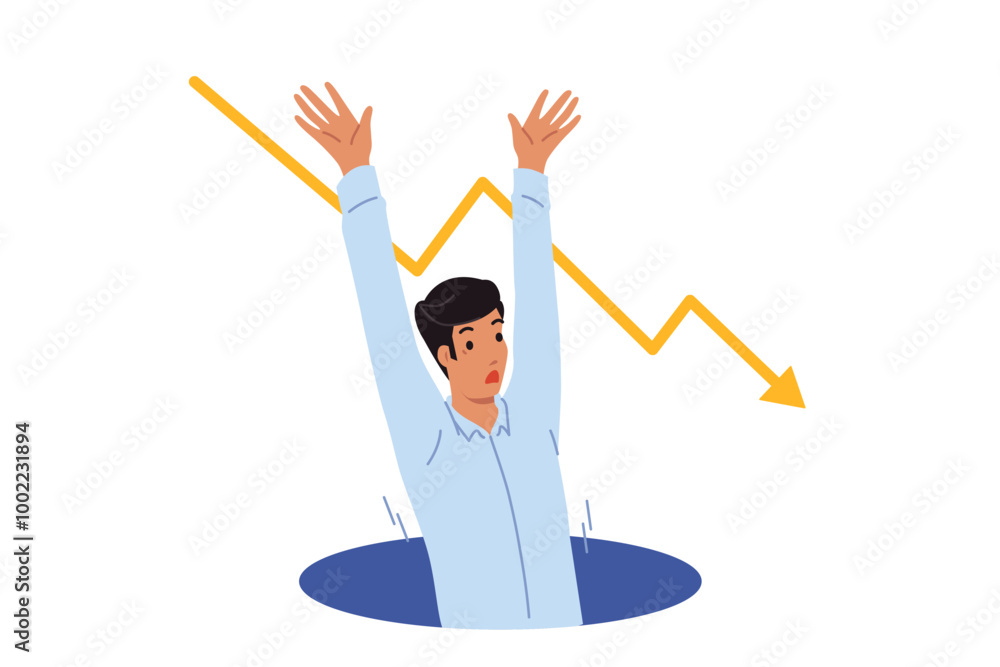 Man falls into crisis pit and raises hands up calling for help to avoid bankruptcy. Crisis graph near guy who was fired from job and suffering professional failures on way to success Man falls into crisis pit and raises hands up calling for help to avoid bankruptcy. Crisis graph near guy who was fired from job and suffering professional failures on way to success