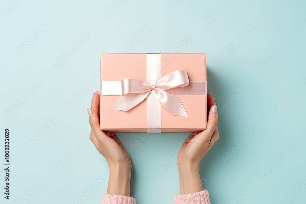 Hands holding a gift box on pastel soft color background with copy space Hands holding a gift box on pastel soft color background with copy space