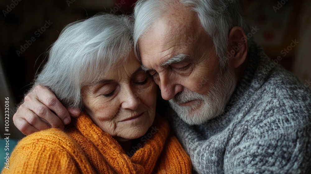 Elderly Couple Embracing, Close-Up Portrait with Soft Focus Elderly Couple Embracing, Close-Up Portrait with Soft Focus