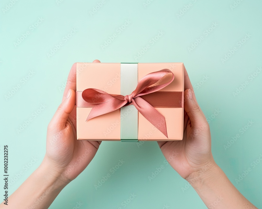Hands holding a gift box on pastel soft color background with copy space
