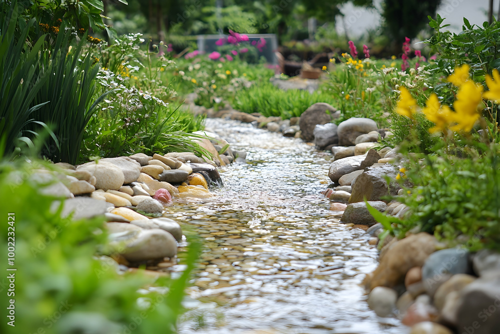 Water Feature with Pebbles and Lush Greenery - Garden Design Inspiration - Photo Water Feature with Pebbles and Lush Greenery - Garden Design Inspiration - Photo