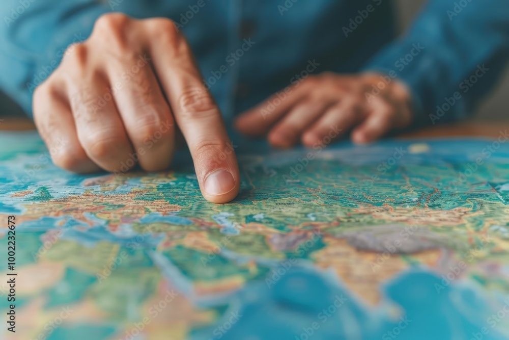 Close-up of a hand pointing to a location on a world map, symbolizing travel, geography, exploration, and navigation. Close-up of a hand pointing to a location on a world map, symbolizing travel, geography, exploration, and navigation.