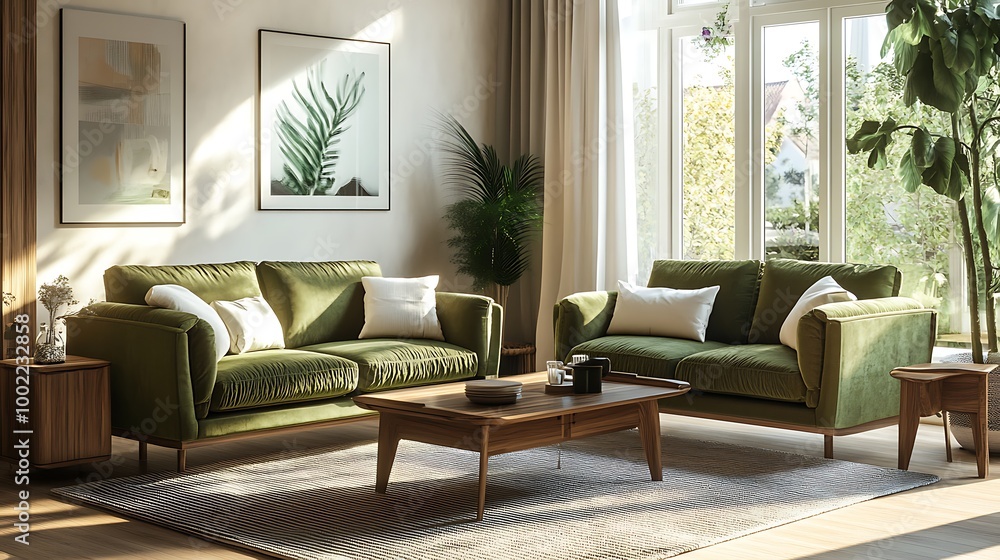 Obraz premium An elegant olive green loveseat with off-white cushions and a wooden coffee table in a modern living room.