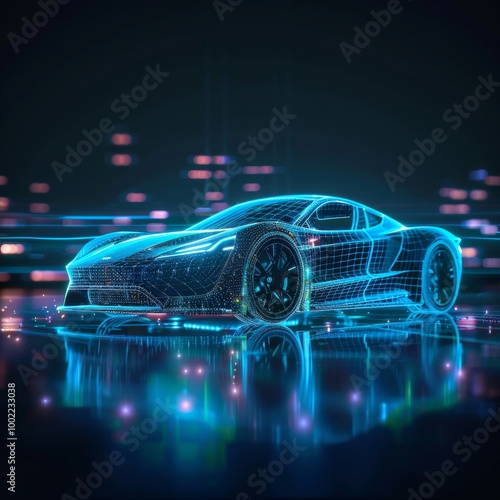 Wallpaper Mural Wireframe hologram of an electric sports car, glowing with blue light against the dark background. futuristic polygonal model vehicle holograms. auto ai smart. Low-poly line design. Smart vehicle. Torontodigital.ca