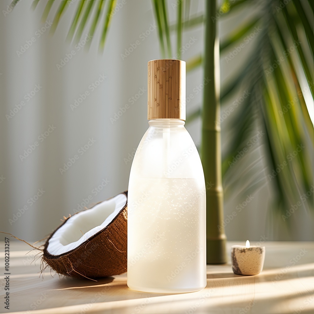 A clear coconut scented body oil bottle with a frosted glass finish and a bamboo cap. A clear coconut scented body oil bottle with a frosted glass finish and a bamboo cap.
