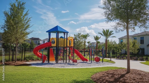 Sunny day with clear blue skies, fresh green lawns, and a variety of play activities keeping everyone active and entertained.