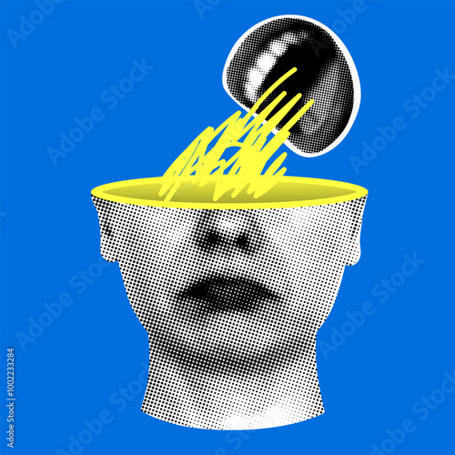 Upset woman and screaming mouth of an unrecognizable person. Online abuse concept. Stop cyberbullying. Modern halftone collage