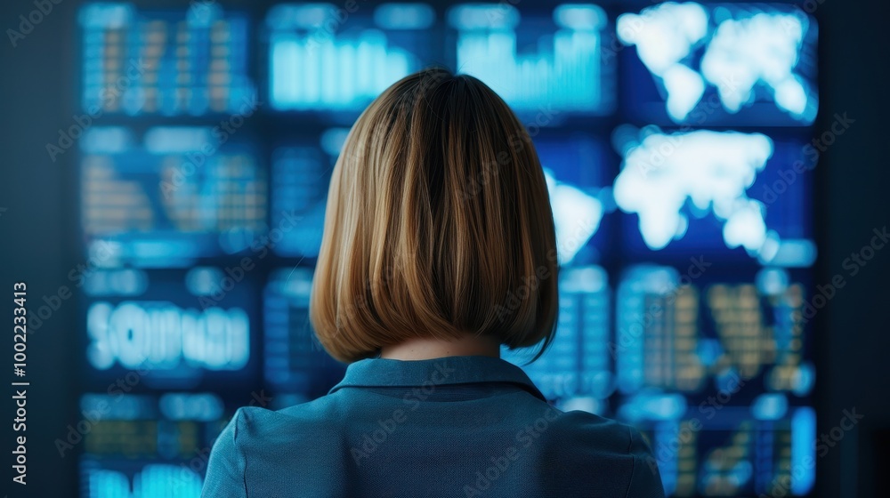 Back view of a female data analyst working on large digital screens displaying global data, charts, and analytics in a modern control room. Back view of a female data analyst working on large digital screens displaying global data, charts, and analytics in a modern control room.