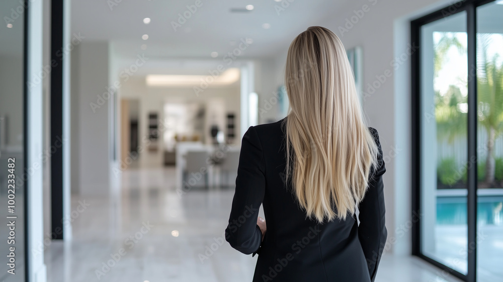 Fototapeta premium Inside a high-end, contemporary home with elegant finishes, a confident European real estate agent radiates professionalism as she guides potential buyers through the luxurious spa