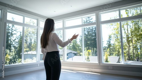 Free Download In a bright, airy living room with minimalist decor, a confident European real estate agent gestures towards large windows, offering potential buyers a scenic view of the home. - GFXLoad