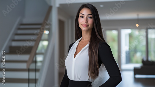 Free Download Inside a high-end, contemporary home with elegant finishes, a confident European real estate agent radiates professionalism as she guides potential buyers through the luxurious spa - GFXLoad