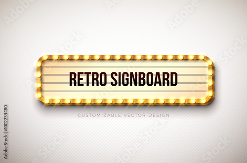 Vector Retro Signboard or Lightbox Illustration with Customizable Design on Clean Background. Light Banner or Vintage Bright Light Bulb Frame Billboard for Advertising, Show, Night Events, Cinema or