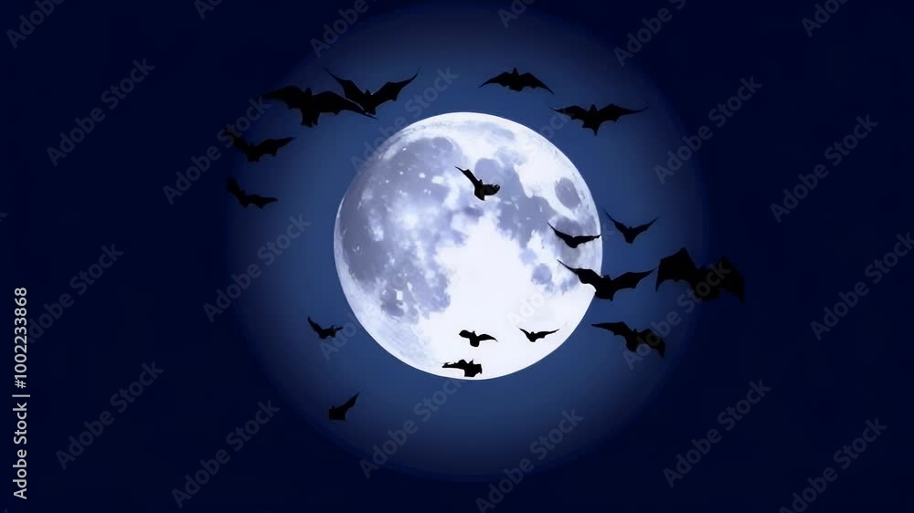 Bats flying around the moon in a dark blue night sky. Bats flying around the moon in a dark blue night sky.