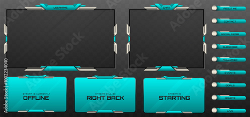Stream Overlay Webcam Screen Frame and Stream Alert GUI Panels in Metallic Black, Silver, and Aqua Blue Color Theme for Gaming and Live Video Streaming Platforms