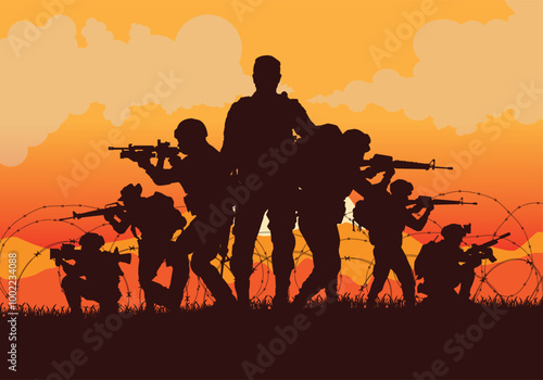 Soldiers vector, military vector illustration, Army background, soldiers silhouettes.