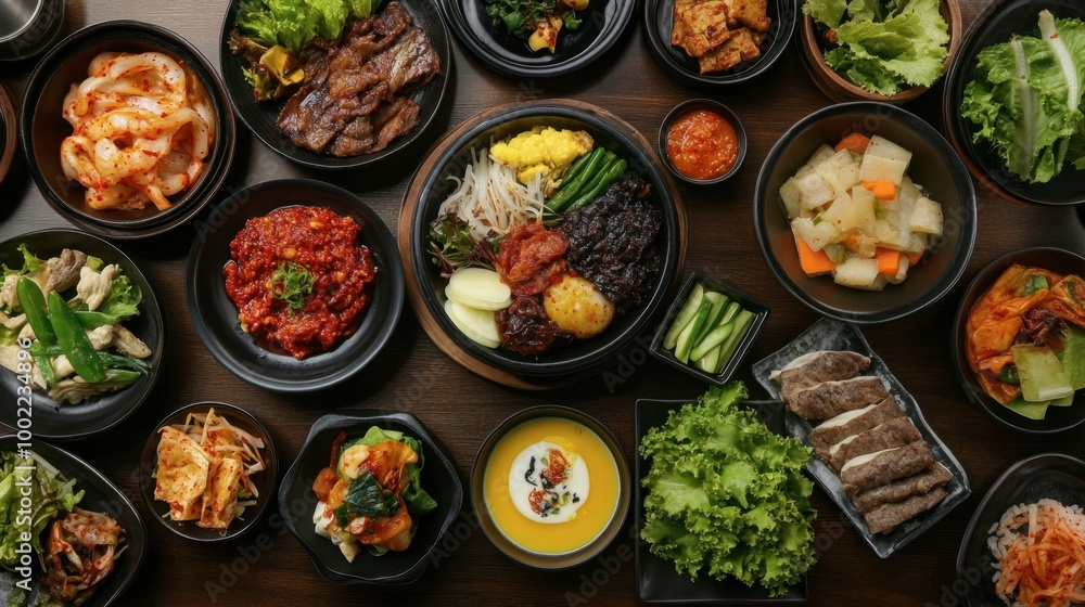 A close-up of a traditional Korean meal set on a wooden table, showcasing the rich variety of dishes. A close-up of a traditional Korean meal set on a wooden table, showcasing the rich variety of dishes.