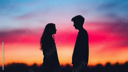 Set against a dramatic sunset, the silhouettes of a couple turn away from each other, their separation underscored by the fading warmth of the light, reflecting the end of their re
