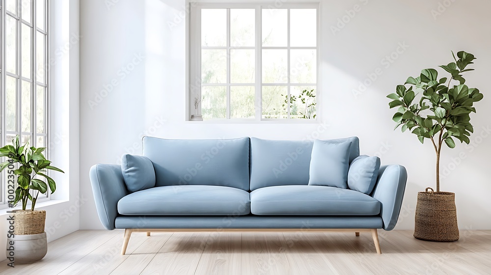 A contemporary Scandinavian sofa in soft blue, placed in a bright living space with natural decor elements and wooden floors. A contemporary Scandinavian sofa in soft blue, placed in a bright living space with natural decor elements and wooden floors.