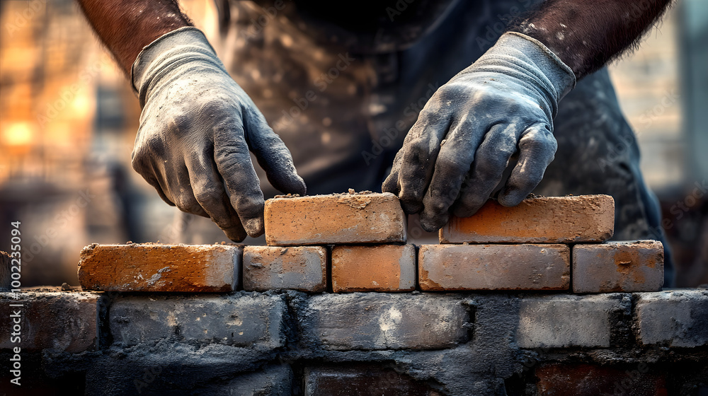 bricklayer putting building blocks of a house with his hands bricklayer putting building blocks of a house with his hands