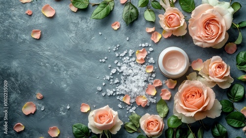 Soft pink roses create a calming beauty layout with salt and cream on a blue ...