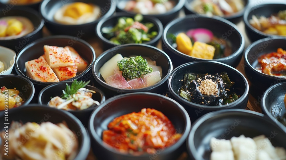 A close-up of traditional Korean dishes served during a special banquet, showcasing rich colors and flavors. A close-up of traditional Korean dishes served during a special banquet, showcasing rich colors and flavors.