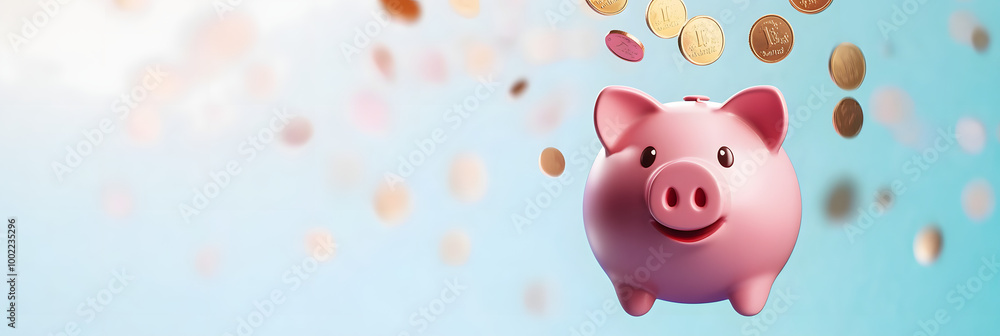 pink piggy bank with coins falling inside - savings concept pink piggy bank with coins falling inside - savings concept