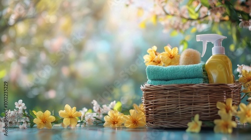 Bright cleaning supplies in a basket surrounded by flowers in a sunny outdoor...