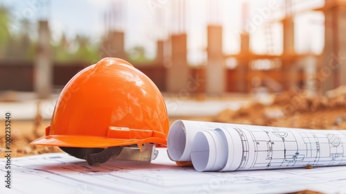 Close-up of an orange construction helmet and rolled blueprints placed on a table at a building site, symbolizing planning and construction management. photo